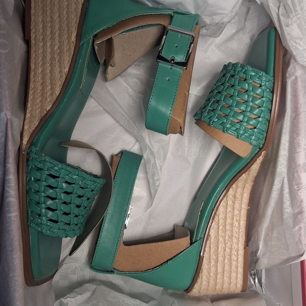 Elegant Teal Woven Strap Wedge Sandals